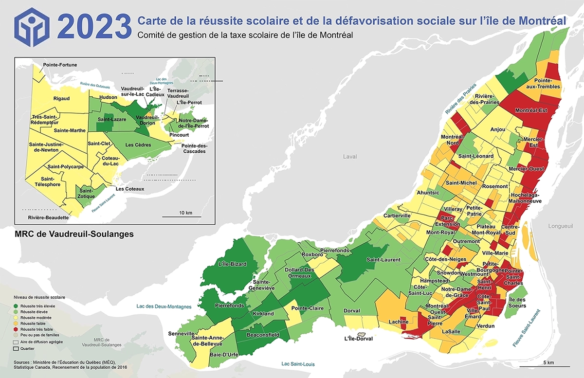 Carte de la réussite scolaire et de la défavorisation sociale sur l’île de Montréal de 2023